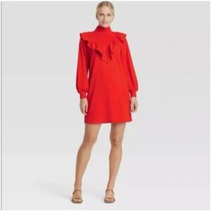 NEW Who What Where Mock Neck Ruffle Long Sleeve Shift Dress, Sz M